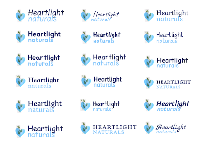 Multiple logo explorations for Heartlight Naturals branding